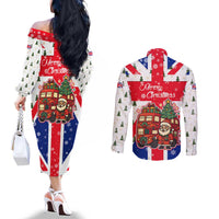 England Christmas Couples Matching Off The Shoulder Long Sleeve Dress and Long Sleeve Button Shirt with Red White Blue Santa Bus Tree and Three Lions Design - Wonder Print Shop