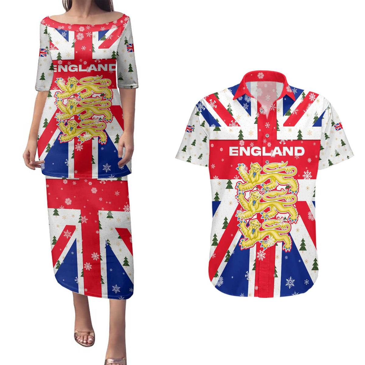 England Christmas Couples Matching Puletasi and Hawaiian Shirt with Red White Blue Santa Bus Tree and Three Lions Design - Wonder Print Shop