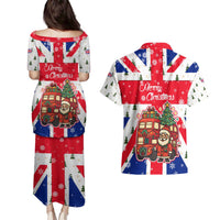 England Christmas Couples Matching Puletasi and Hawaiian Shirt with Red White Blue Santa Bus Tree and Three Lions Design - Wonder Print Shop