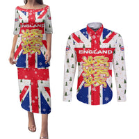 England Christmas Couples Matching Puletasi and Long Sleeve Button Shirt with Red White Blue Santa Bus Tree and Three Lions Design - Wonder Print Shop
