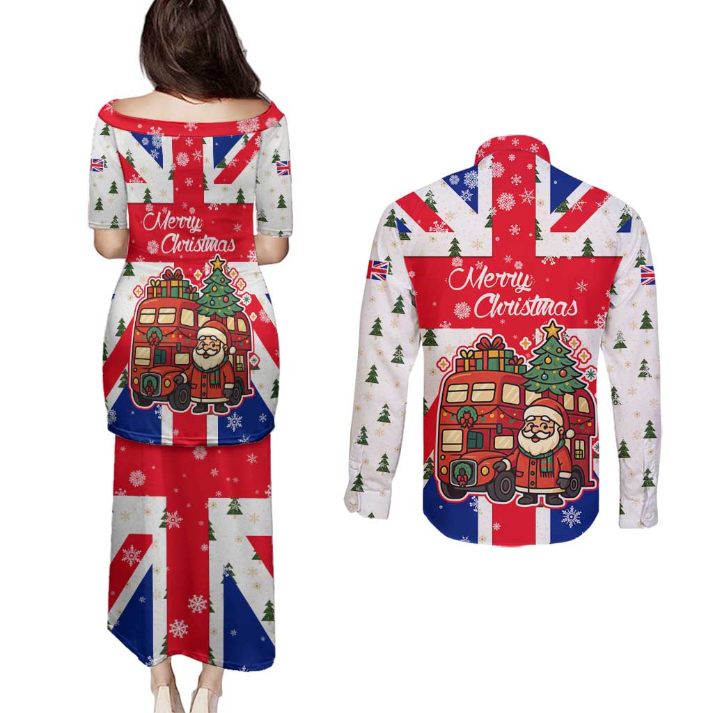 England Christmas Couples Matching Puletasi and Long Sleeve Button Shirt with Red White Blue Santa Bus Tree and Three Lions Design - Wonder Print Shop