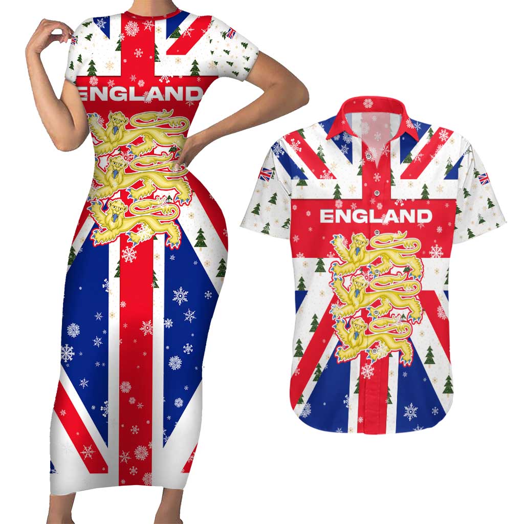 England Christmas Couples Matching Short Sleeve Bodycon Dress and Hawaiian Shirt with Red White Blue Santa Bus Tree and Three Lions Design - Wonder Print Shop