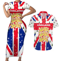 England Christmas Couples Matching Short Sleeve Bodycon Dress and Hawaiian Shirt with Red White Blue Santa Bus Tree and Three Lions Design - Wonder Print Shop