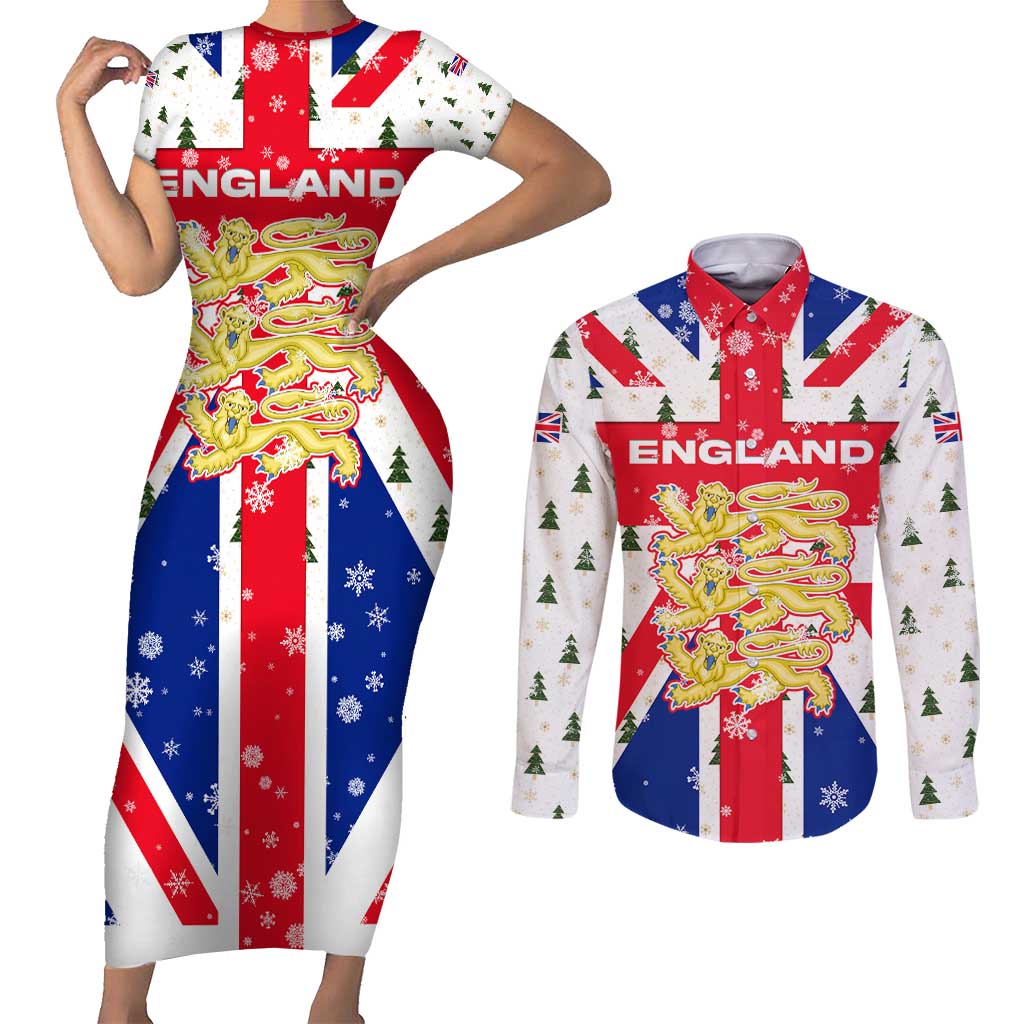 England Christmas Couples Matching Short Sleeve Bodycon Dress and Long Sleeve Button Shirt with Red White Blue Santa Bus Tree and Three Lions Design - Wonder Print Shop