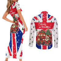 England Christmas Couples Matching Short Sleeve Bodycon Dress and Long Sleeve Button Shirt with Red White Blue Santa Bus Tree and Three Lions Design - Wonder Print Shop
