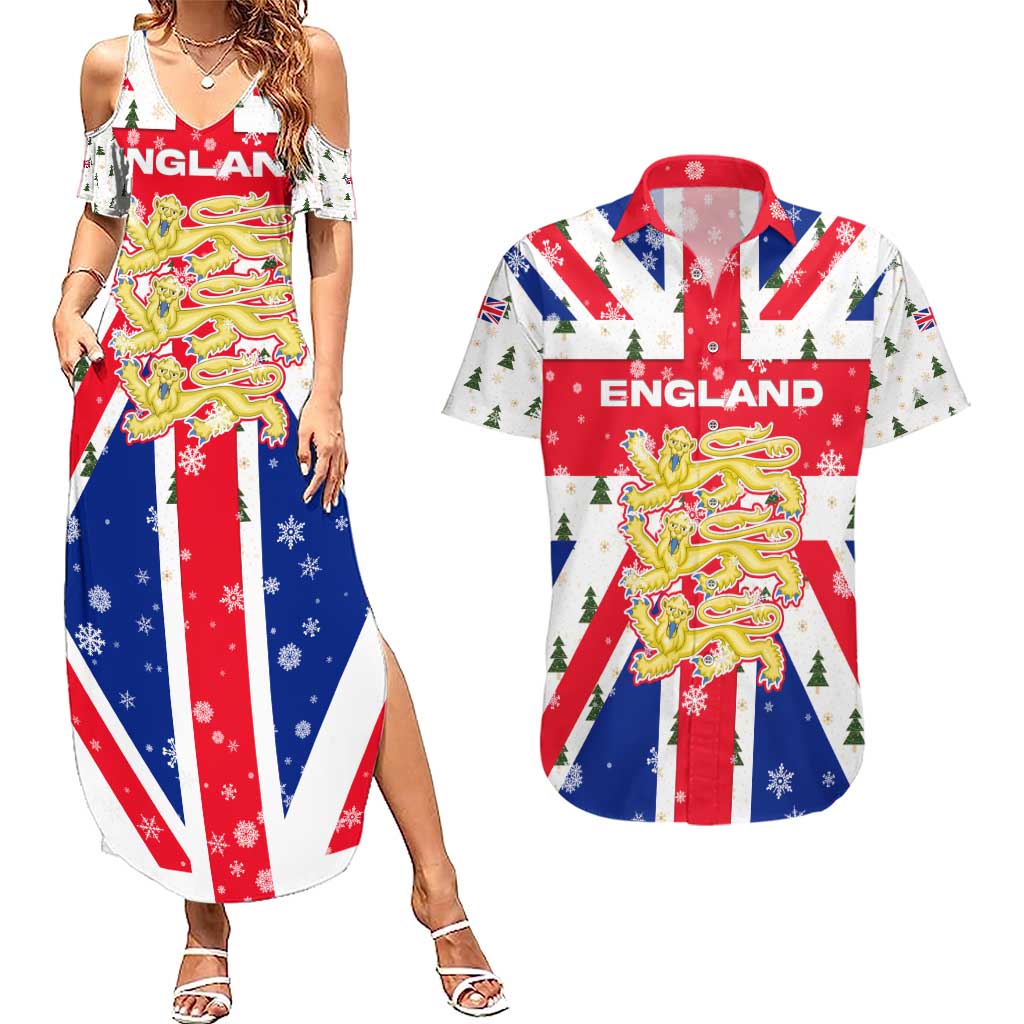 England Christmas Couples Matching Summer Maxi Dress and Hawaiian Shirt with Red White Blue Santa Bus Tree and Three Lions Design - Wonder Print Shop