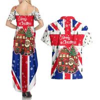 England Christmas Couples Matching Summer Maxi Dress and Hawaiian Shirt with Red White Blue Santa Bus Tree and Three Lions Design - Wonder Print Shop