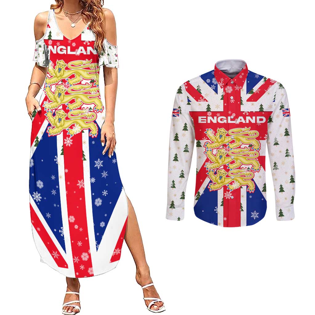 England Christmas Couples Matching Summer Maxi Dress and Long Sleeve Button Shirt with Red White Blue Santa Bus Tree and Three Lions Design - Wonder Print Shop