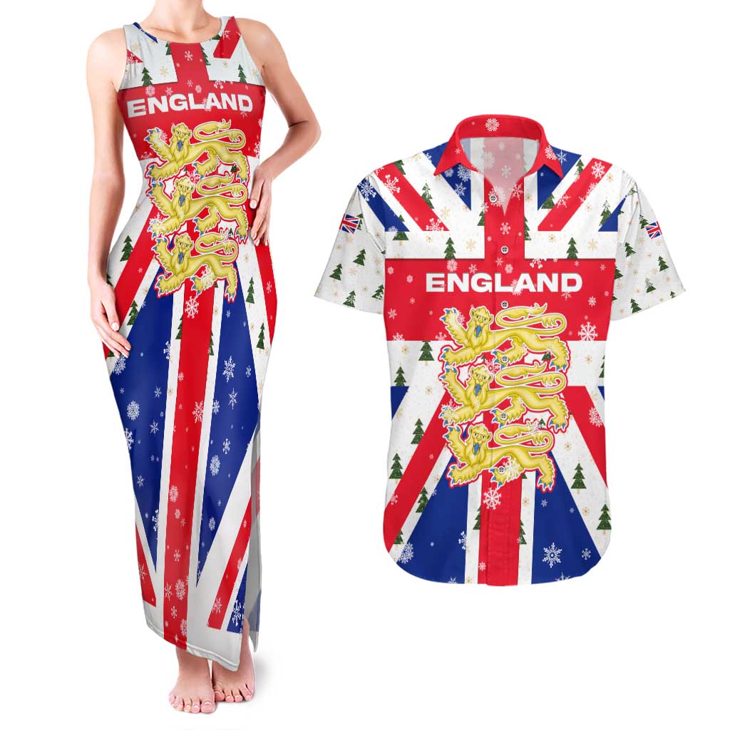 England Christmas Couples Matching Tank Maxi Dress and Hawaiian Shirt with Red White Blue Santa Bus Tree and Three Lions Design - Wonder Print Shop