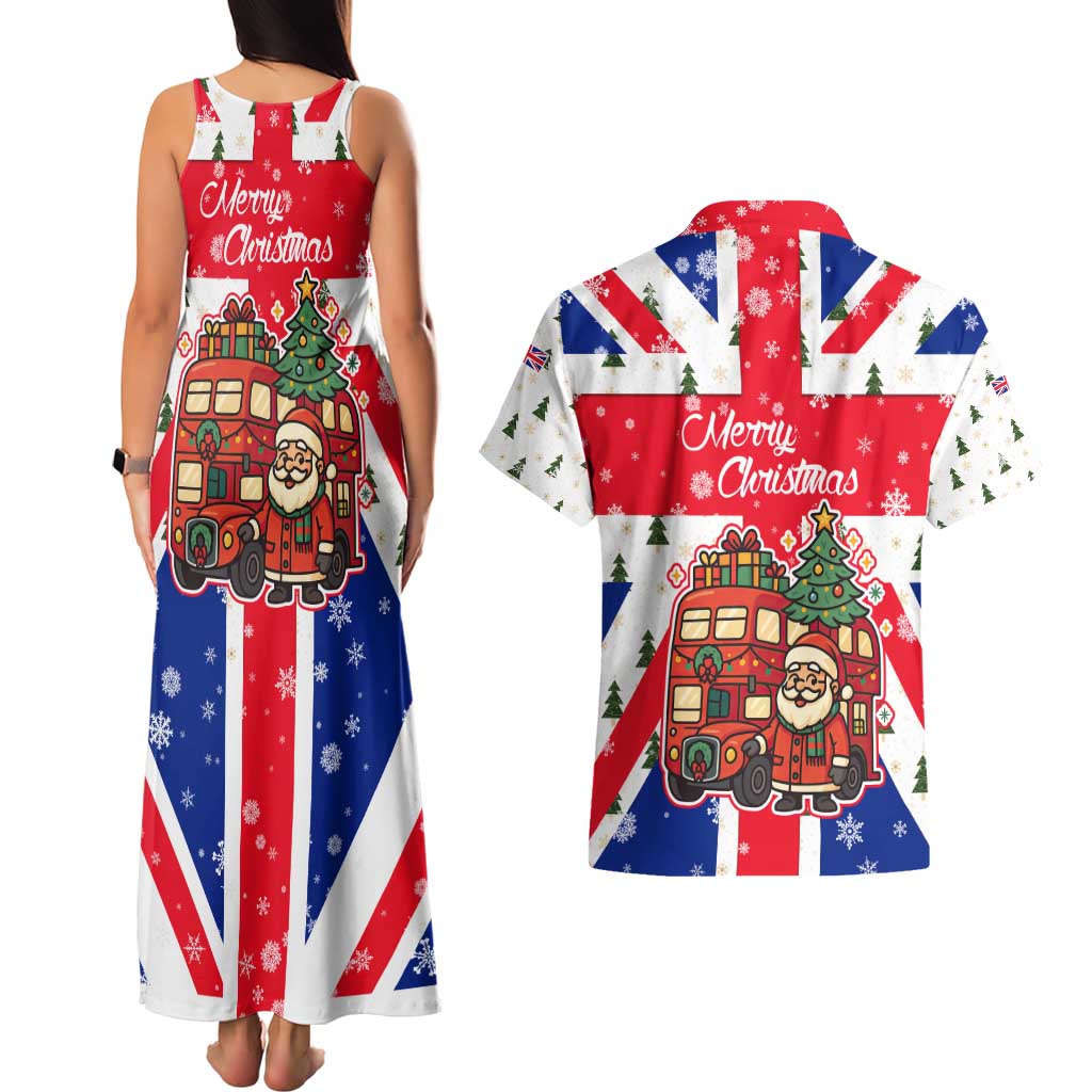 England Christmas Couples Matching Tank Maxi Dress and Hawaiian Shirt with Red White Blue Santa Bus Tree and Three Lions Design - Wonder Print Shop