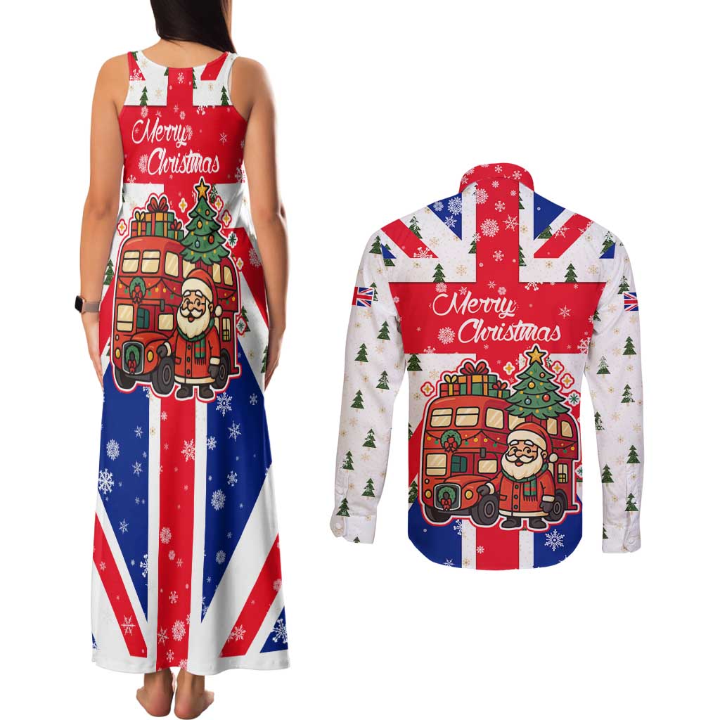 England Christmas Couples Matching Tank Maxi Dress and Long Sleeve Button Shirt with Red White Blue Santa Bus Tree and Three Lions Design - Wonder Print Shop