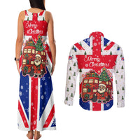 England Christmas Couples Matching Tank Maxi Dress and Long Sleeve Button Shirt with Red White Blue Santa Bus Tree and Three Lions Design - Wonder Print Shop