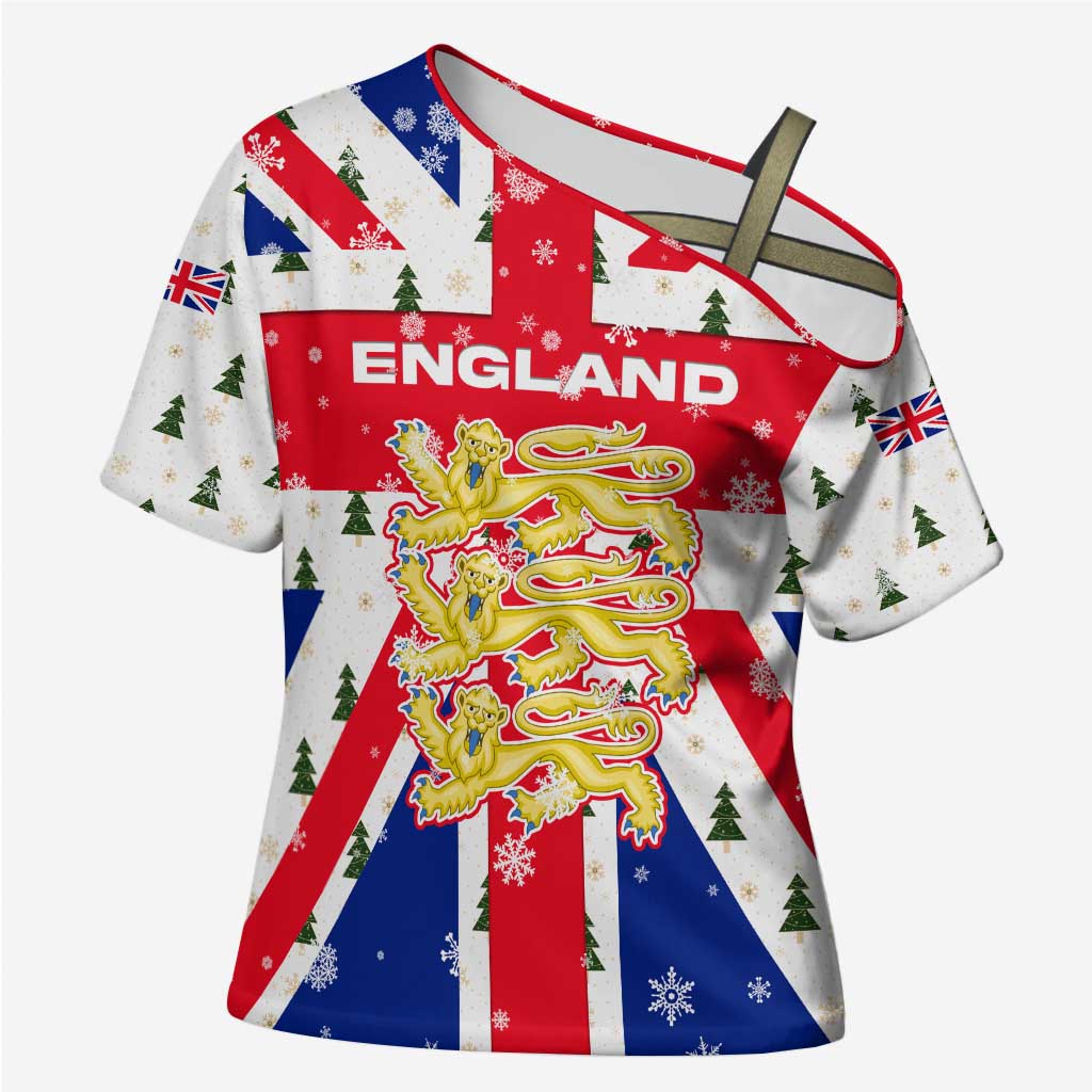 England Christmas Cross Shoulder Shirt with Red White Blue Santa Bus Tree and Three Lions Design - Wonder Print Shop