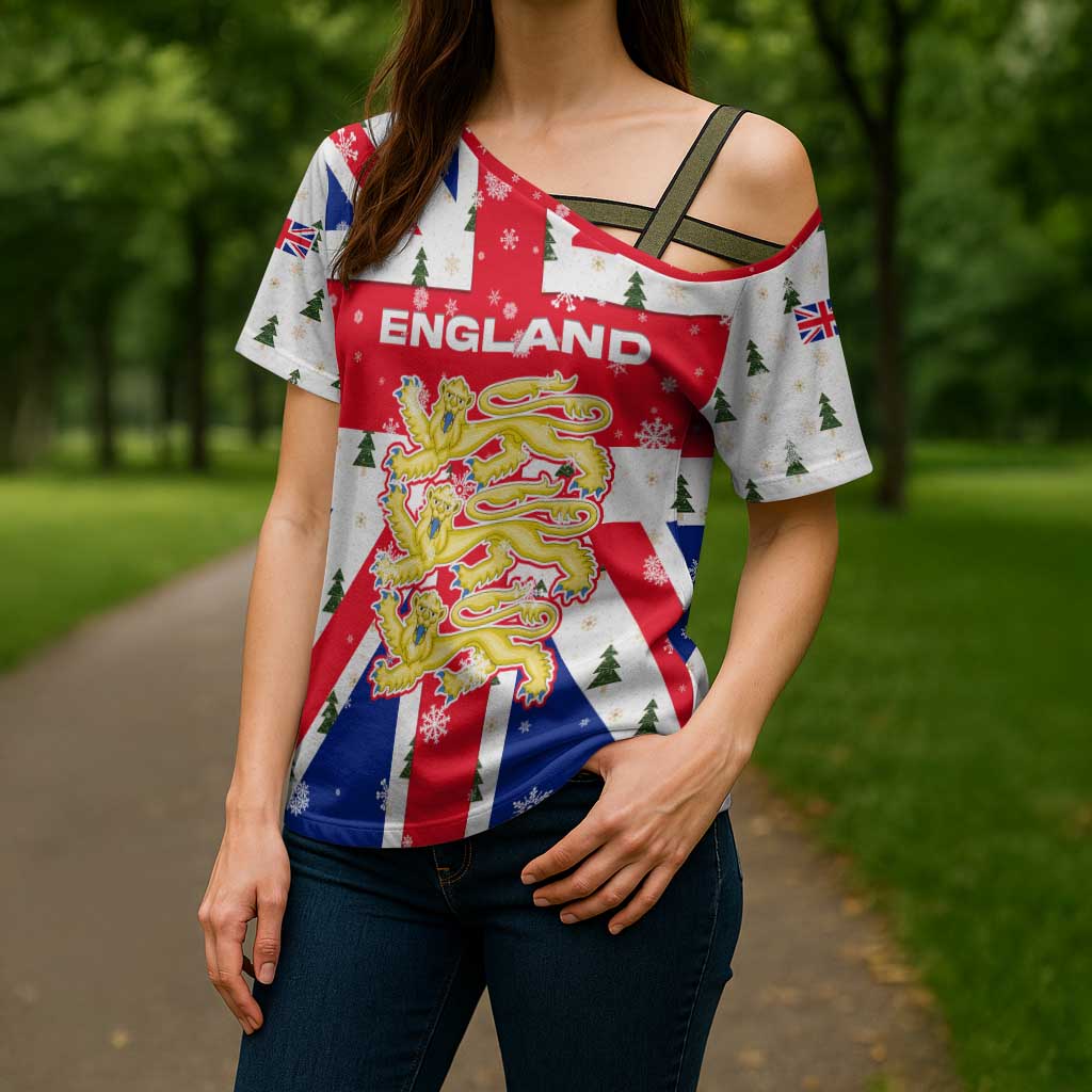 England Christmas Cross Shoulder Shirt with Red White Blue Santa Bus Tree and Three Lions Design - Wonder Print Shop