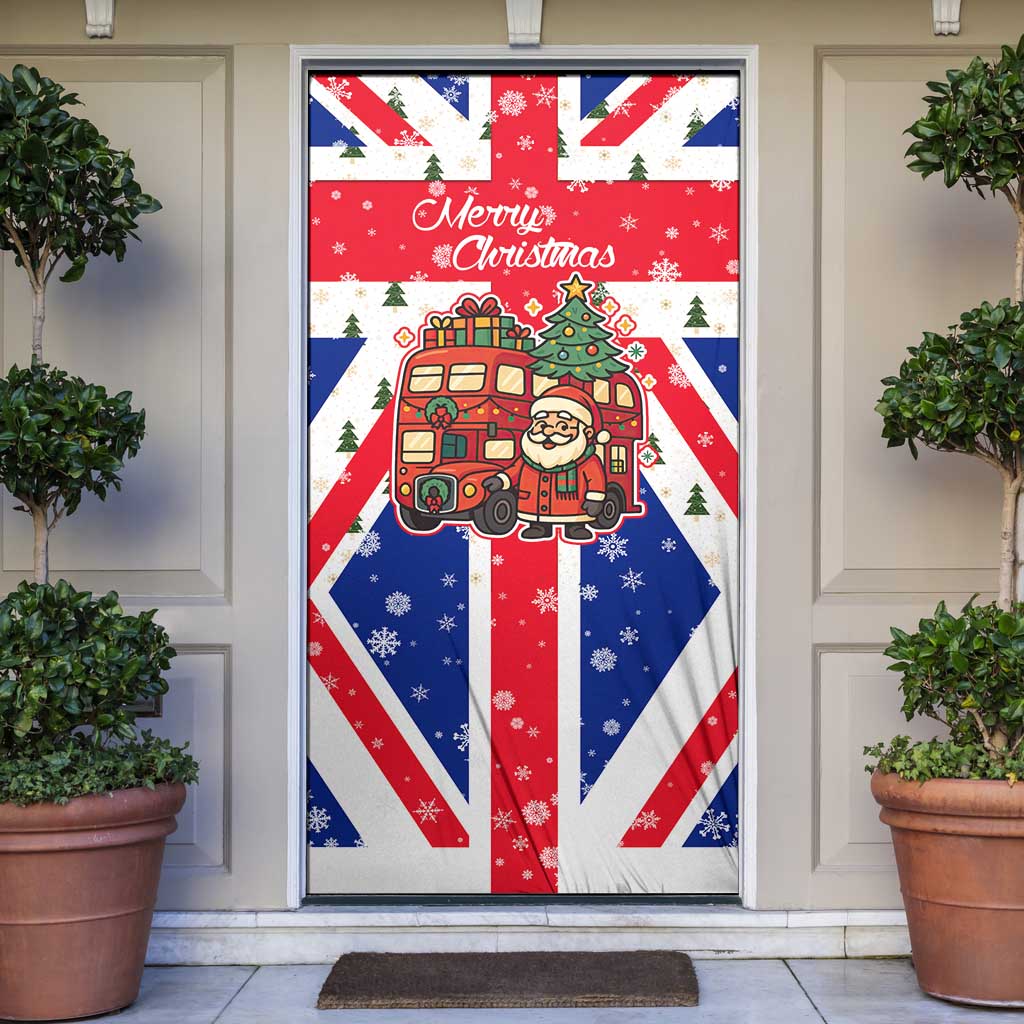England Christmas Door Cover with Red White Blue Santa Bus Tree and Three Lions Design - Wonder Print Shop