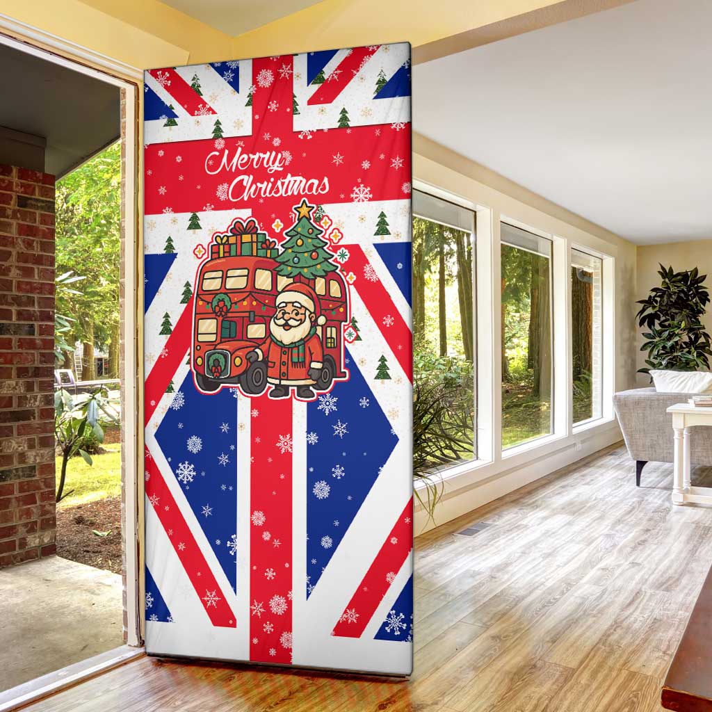 England Christmas Door Cover with Red White Blue Santa Bus Tree and Three Lions Design - Wonder Print Shop