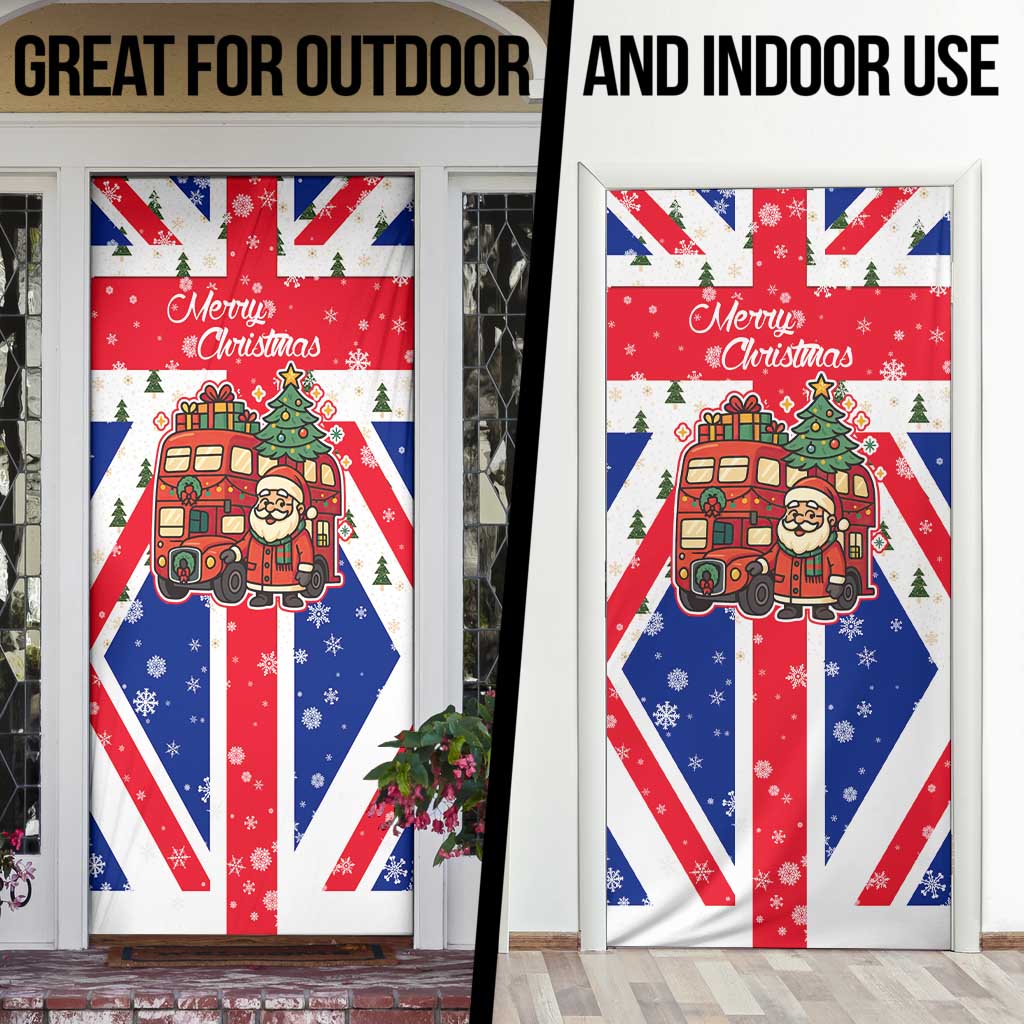 England Christmas Door Cover with Red White Blue Santa Bus Tree and Three Lions Design - Wonder Print Shop