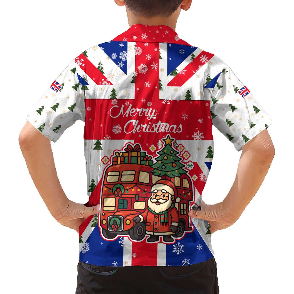 England Christmas Family Matching Long Sleeve Bodycon Dress and Hawaiian Shirt with Red White Blue Santa Bus Tree and Three Lions Design - Wonder Print Shop