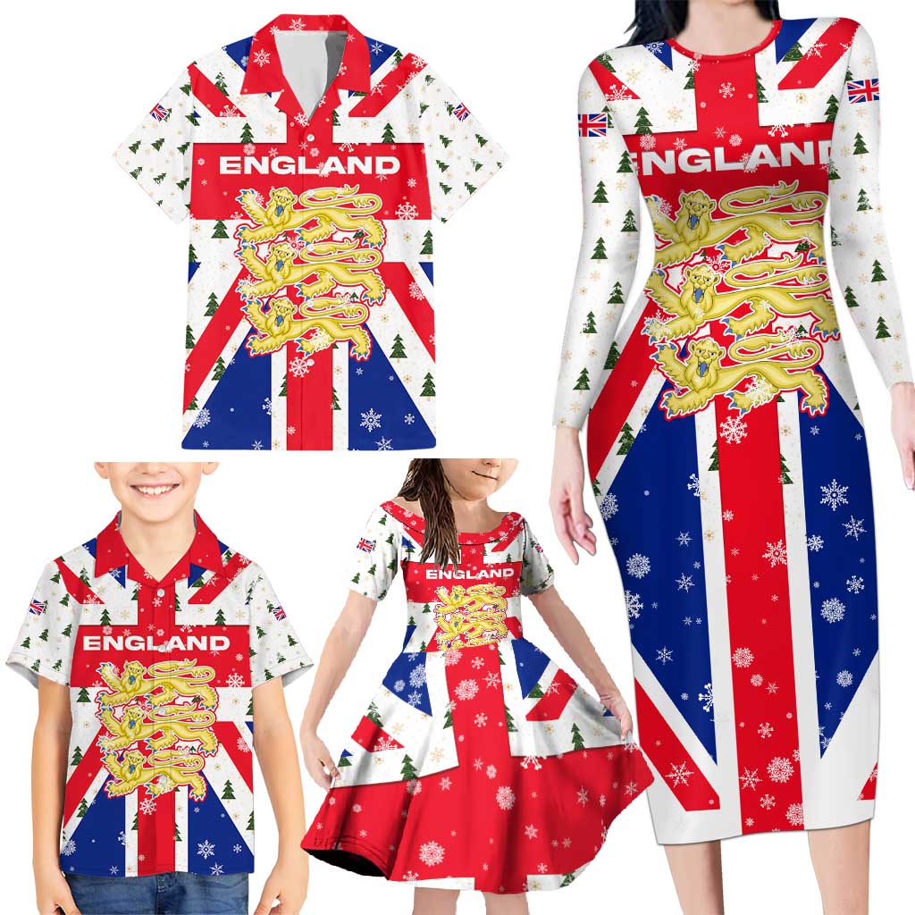 England Christmas Family Matching Long Sleeve Bodycon Dress and Hawaiian Shirt with Red White Blue Santa Bus Tree and Three Lions Design - Wonder Print Shop