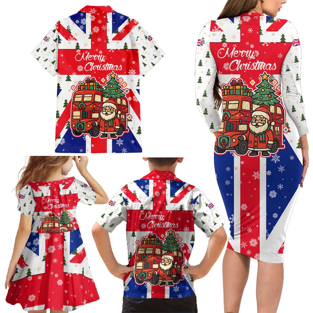 England Christmas Family Matching Long Sleeve Bodycon Dress and Hawaiian Shirt with Red White Blue Santa Bus Tree and Three Lions Design - Wonder Print Shop