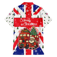 England Christmas Family Matching Long Sleeve Bodycon Dress and Hawaiian Shirt with Red White Blue Santa Bus Tree and Three Lions Design - Wonder Print Shop