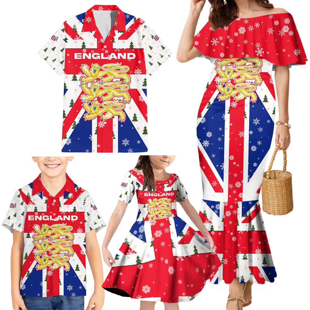 England Christmas Family Matching Mermaid Dress and Hawaiian Shirt with Red White Blue Santa Bus Tree and Three Lions Design - Wonder Print Shop