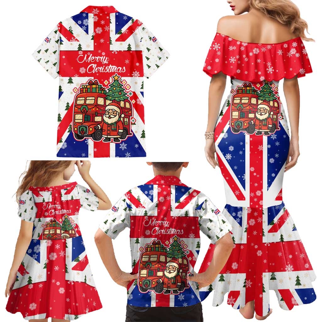 England Christmas Family Matching Mermaid Dress and Hawaiian Shirt with Red White Blue Santa Bus Tree and Three Lions Design - Wonder Print Shop