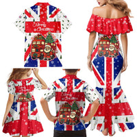 England Christmas Family Matching Mermaid Dress and Hawaiian Shirt with Red White Blue Santa Bus Tree and Three Lions Design - Wonder Print Shop
