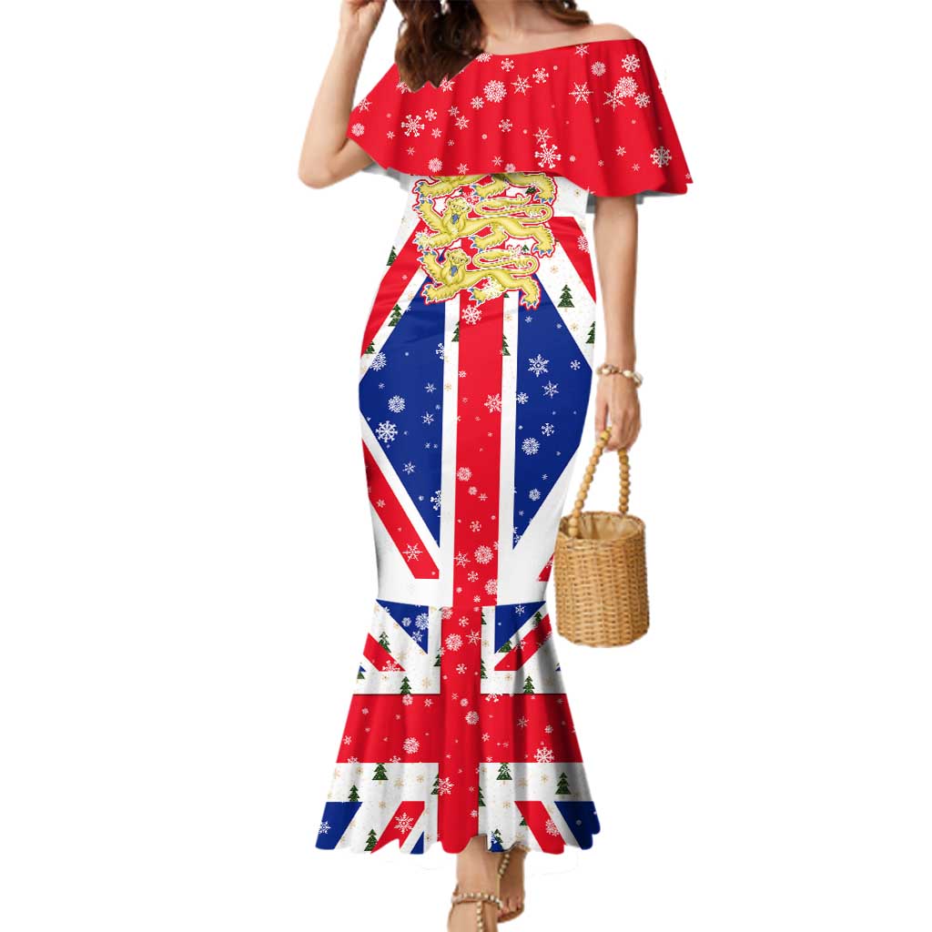 England Christmas Family Matching Mermaid Dress and Hawaiian Shirt with Red White Blue Santa Bus Tree and Three Lions Design - Wonder Print Shop