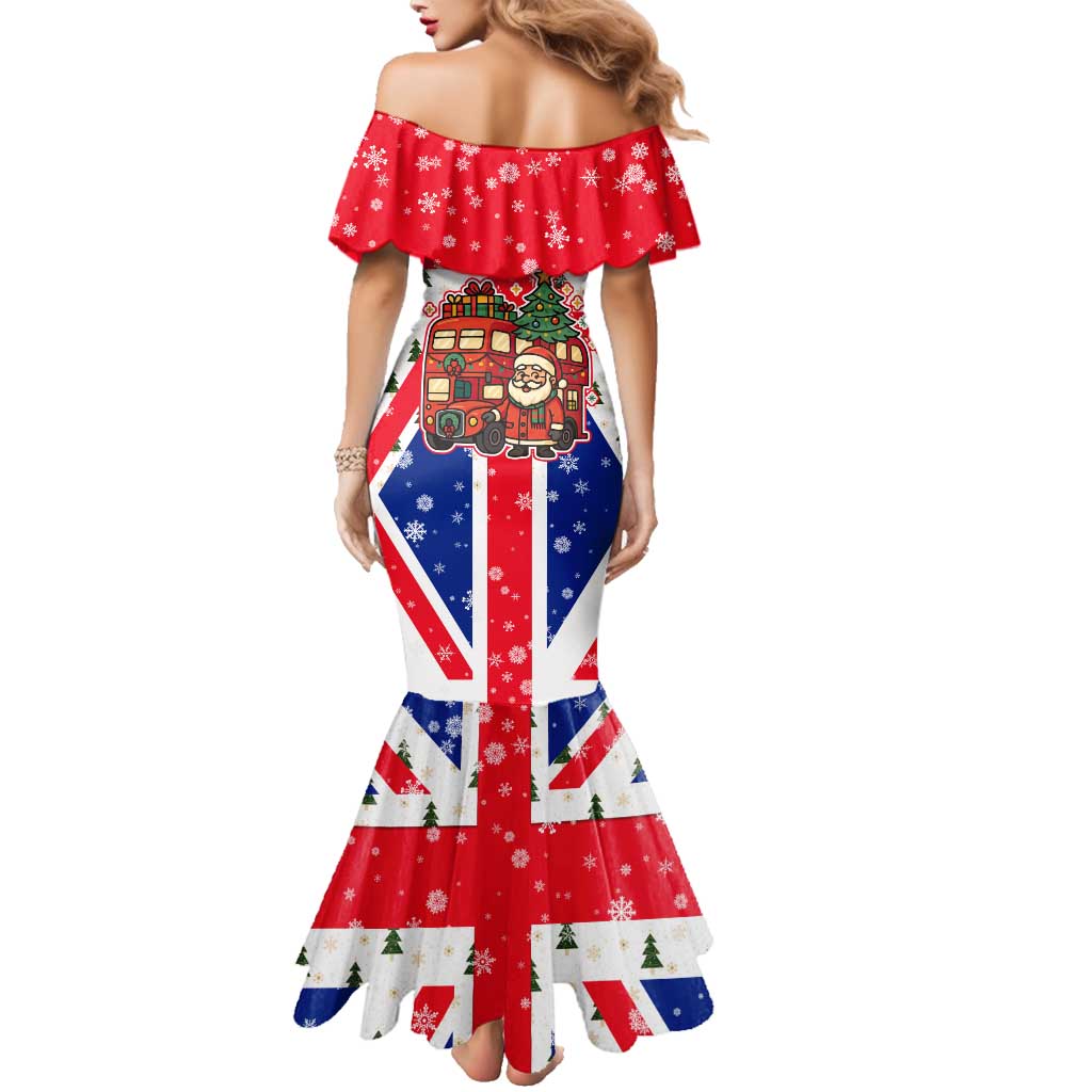 England Christmas Family Matching Mermaid Dress and Hawaiian Shirt with Red White Blue Santa Bus Tree and Three Lions Design - Wonder Print Shop