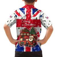 England Christmas Family Matching Off The Shoulder Long Sleeve Dress and Hawaiian Shirt with Red White Blue Santa Bus Tree and Three Lions Design - Wonder Print Shop