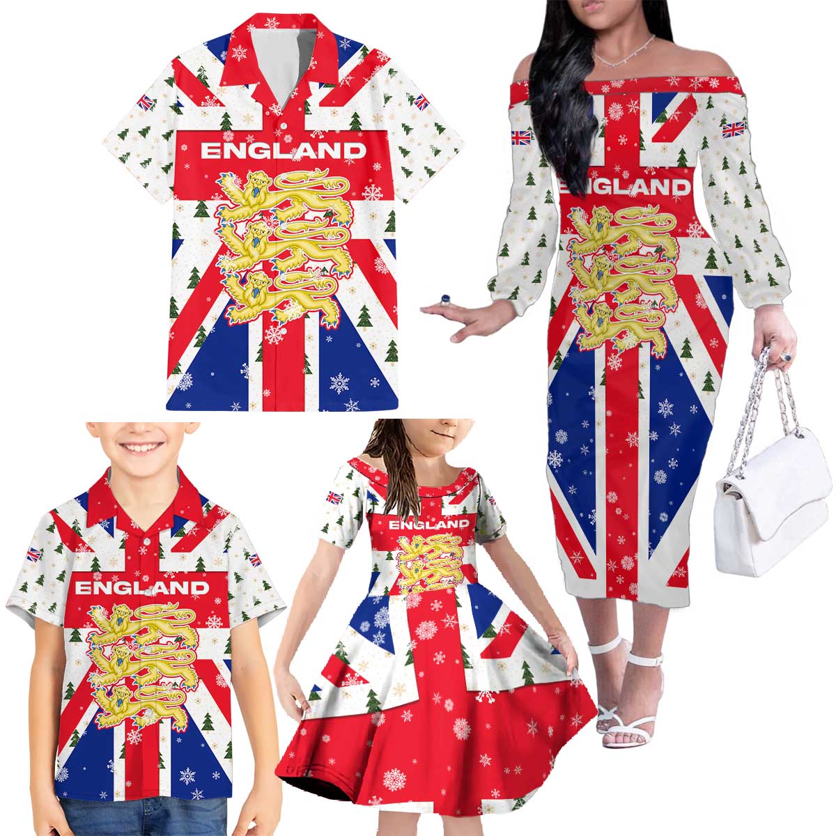 England Christmas Family Matching Off The Shoulder Long Sleeve Dress and Hawaiian Shirt with Red White Blue Santa Bus Tree and Three Lions Design - Wonder Print Shop