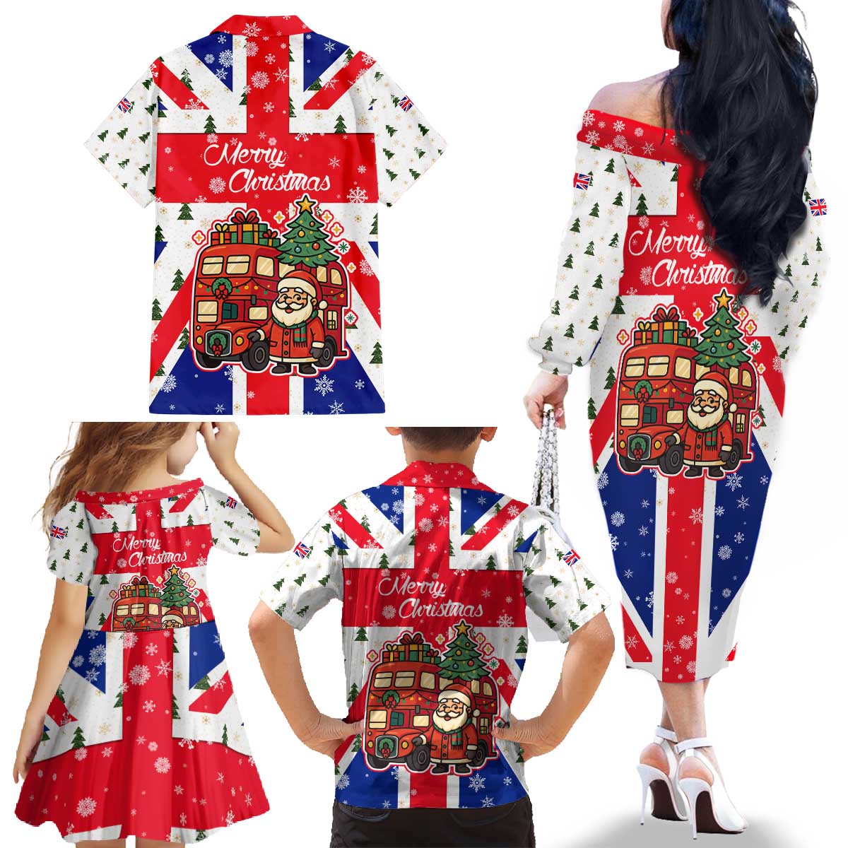 England Christmas Family Matching Off The Shoulder Long Sleeve Dress and Hawaiian Shirt with Red White Blue Santa Bus Tree and Three Lions Design - Wonder Print Shop