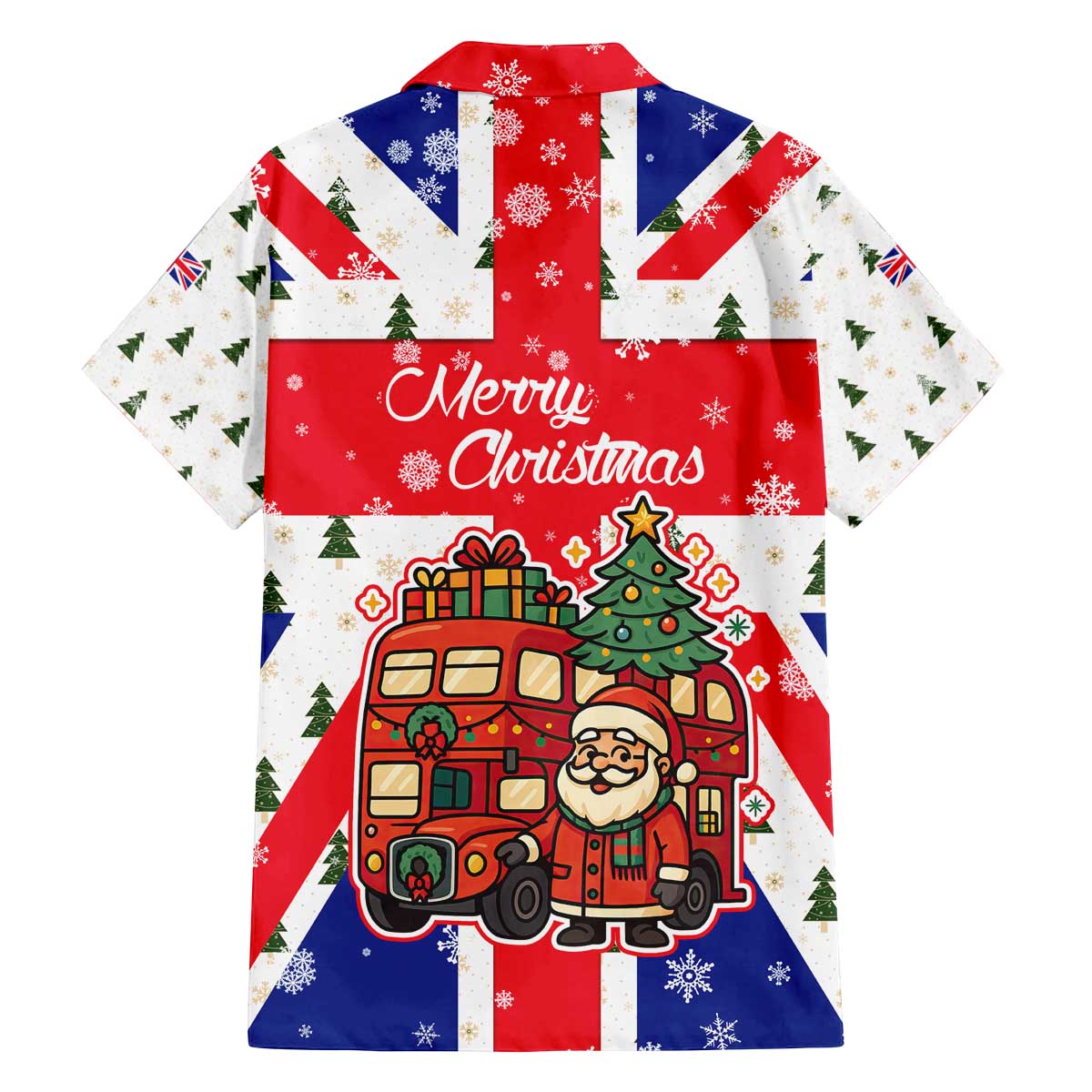 England Christmas Family Matching Off The Shoulder Long Sleeve Dress and Hawaiian Shirt with Red White Blue Santa Bus Tree and Three Lions Design - Wonder Print Shop