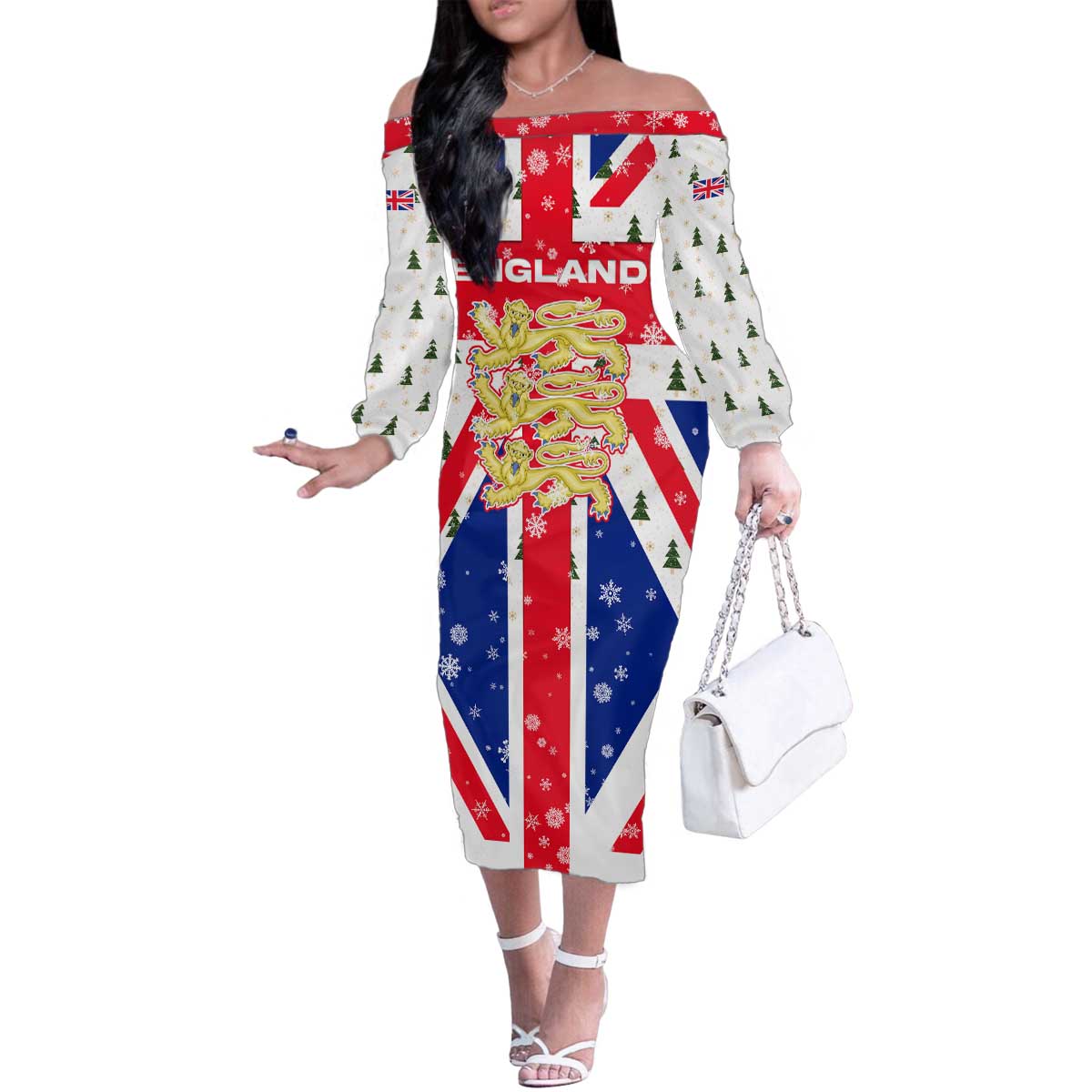 England Christmas Family Matching Off The Shoulder Long Sleeve Dress and Hawaiian Shirt with Red White Blue Santa Bus Tree and Three Lions Design - Wonder Print Shop