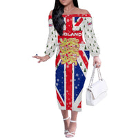 England Christmas Family Matching Off The Shoulder Long Sleeve Dress and Hawaiian Shirt with Red White Blue Santa Bus Tree and Three Lions Design - Wonder Print Shop