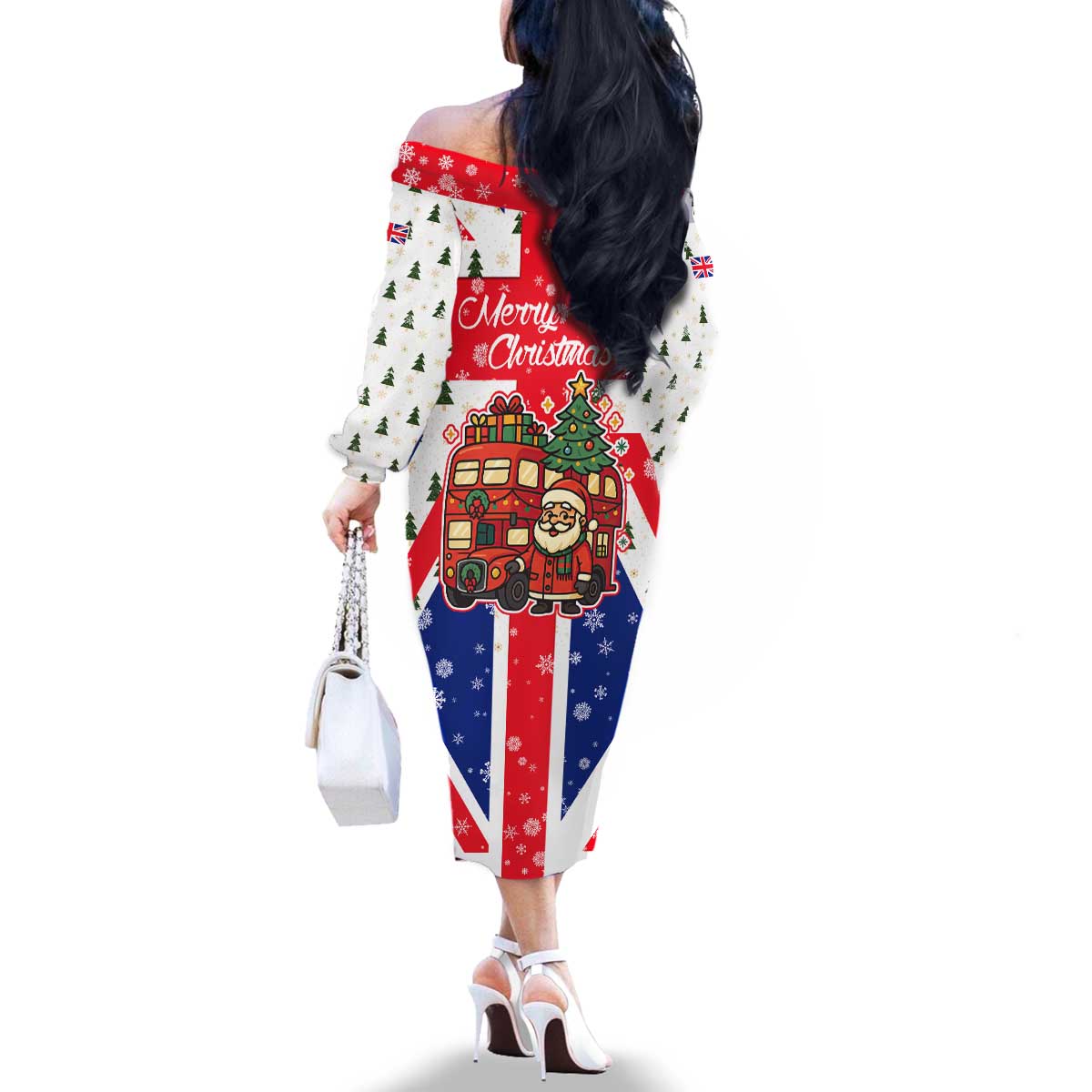 England Christmas Family Matching Off The Shoulder Long Sleeve Dress and Hawaiian Shirt with Red White Blue Santa Bus Tree and Three Lions Design - Wonder Print Shop