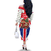 England Christmas Family Matching Off The Shoulder Long Sleeve Dress and Hawaiian Shirt with Red White Blue Santa Bus Tree and Three Lions Design - Wonder Print Shop