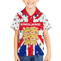 England Christmas Family Matching Off The Shoulder Long Sleeve Dress and Hawaiian Shirt with Red White Blue Santa Bus Tree and Three Lions Design - Wonder Print Shop