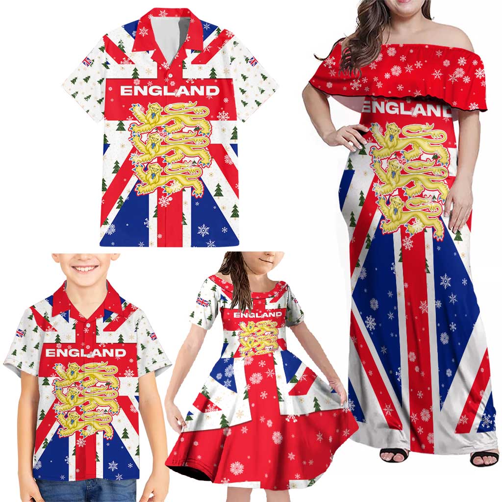 England Christmas Family Matching Off Shoulder Maxi Dress and Hawaiian Shirt with Red White Blue Santa Bus Tree and Three Lions Design - Wonder Print Shop