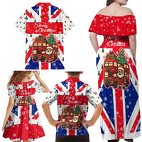 England Christmas Family Matching Off Shoulder Maxi Dress and Hawaiian Shirt with Red White Blue Santa Bus Tree and Three Lions Design - Wonder Print Shop