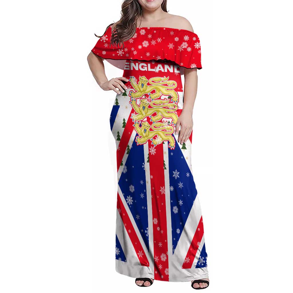 England Christmas Family Matching Off Shoulder Maxi Dress and Hawaiian Shirt with Red White Blue Santa Bus Tree and Three Lions Design - Wonder Print Shop