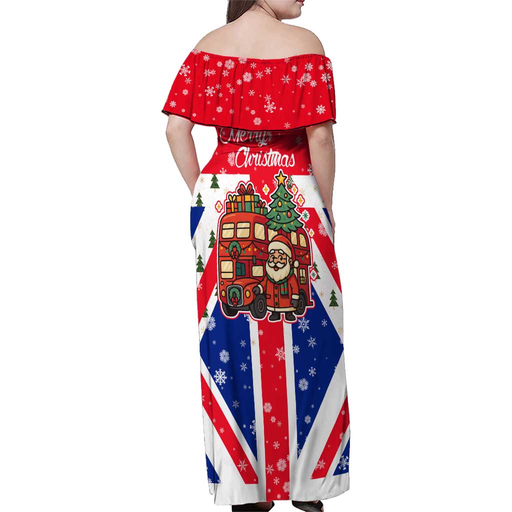 England Christmas Family Matching Off Shoulder Maxi Dress and Hawaiian Shirt with Red White Blue Santa Bus Tree and Three Lions Design - Wonder Print Shop