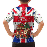 England Christmas Family Matching Off Shoulder Short Dress and Hawaiian Shirt with Red White Blue Santa Bus Tree and Three Lions Design - Wonder Print Shop