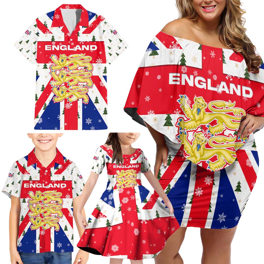 England Christmas Family Matching Off Shoulder Short Dress and Hawaiian Shirt with Red White Blue Santa Bus Tree and Three Lions Design - Wonder Print Shop