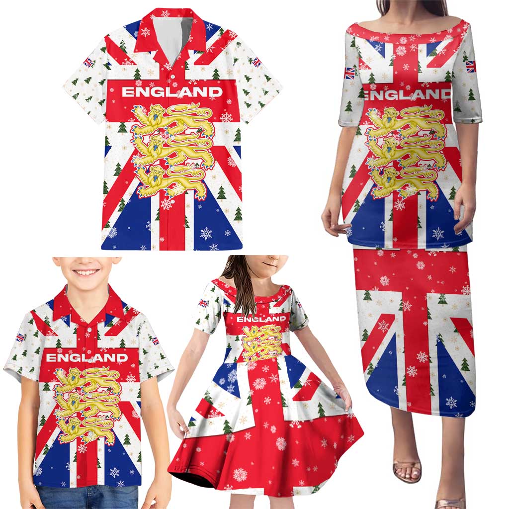 England Christmas Family Matching Puletasi and Hawaiian Shirt with Red White Blue Santa Bus Tree and Three Lions Design - Wonder Print Shop