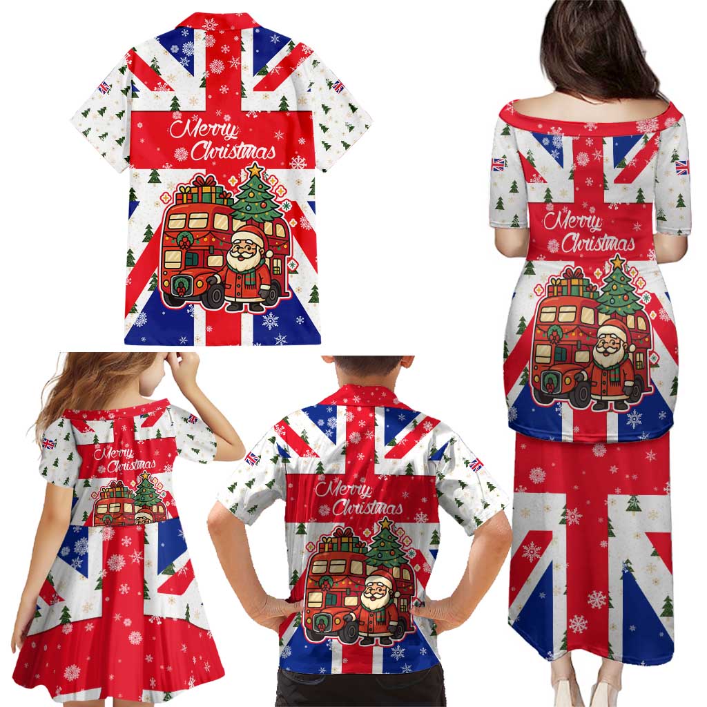 England Christmas Family Matching Puletasi and Hawaiian Shirt with Red White Blue Santa Bus Tree and Three Lions Design - Wonder Print Shop