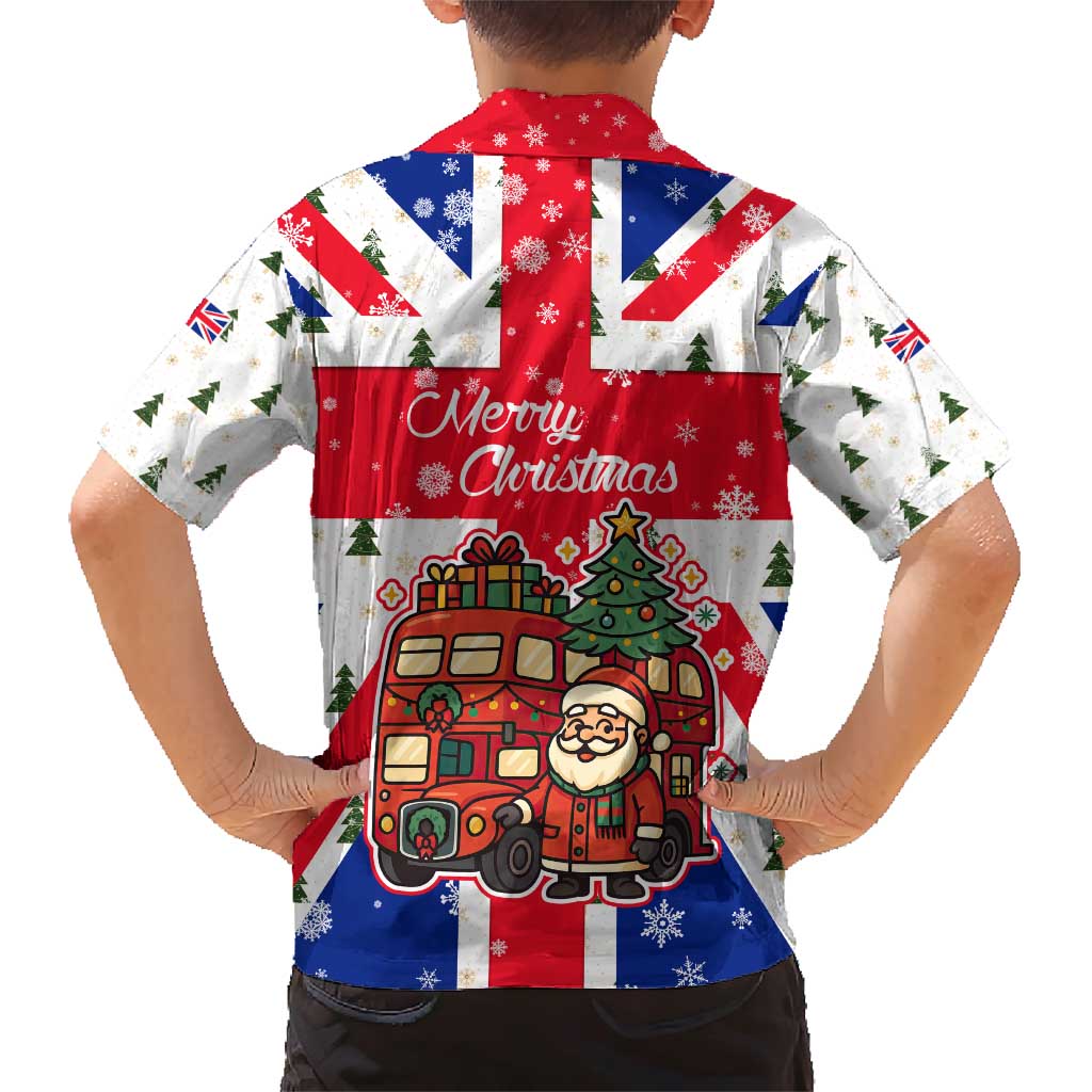 England Christmas Family Matching Short Sleeve Bodycon Dress and Hawaiian Shirt with Red White Blue Santa Bus Tree and Three Lions Design - Wonder Print Shop