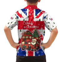 England Christmas Family Matching Short Sleeve Bodycon Dress and Hawaiian Shirt with Red White Blue Santa Bus Tree and Three Lions Design - Wonder Print Shop