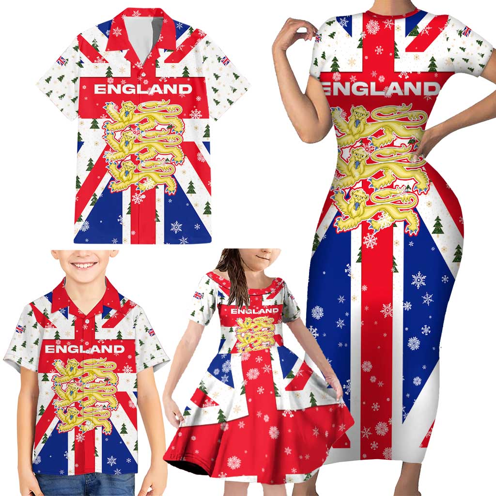 England Christmas Family Matching Short Sleeve Bodycon Dress and Hawaiian Shirt with Red White Blue Santa Bus Tree and Three Lions Design - Wonder Print Shop